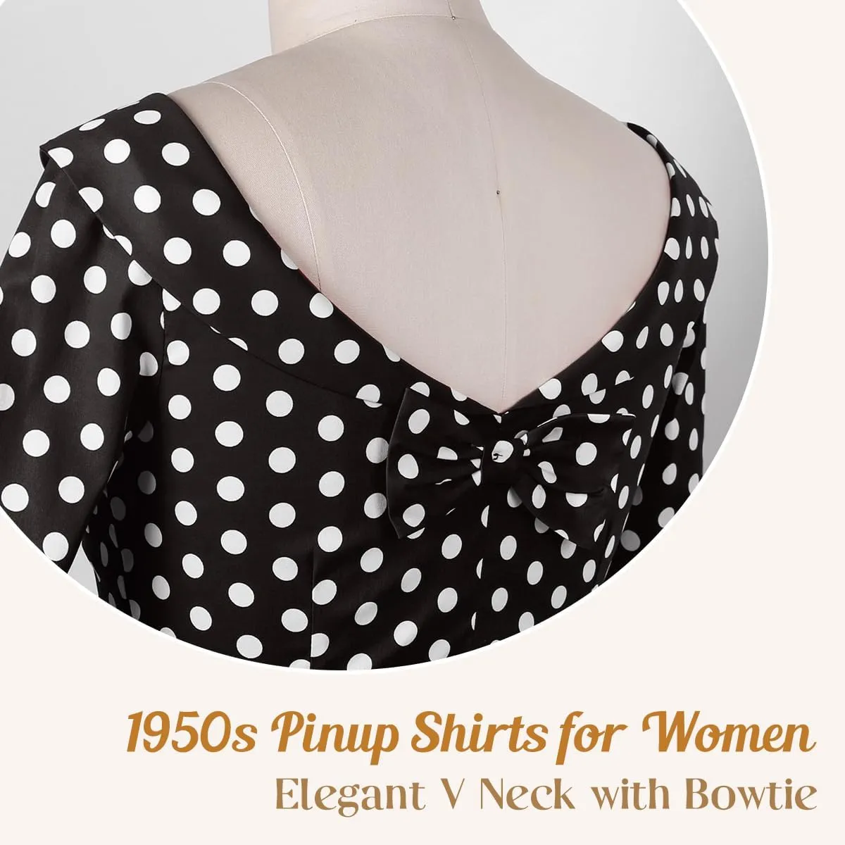 YARN & INK Women's 1950s Vintage Pinup Tops, Back Bow Tie Cute Rockabilly Elegant Shirt, Medium Sleeves Blouse
