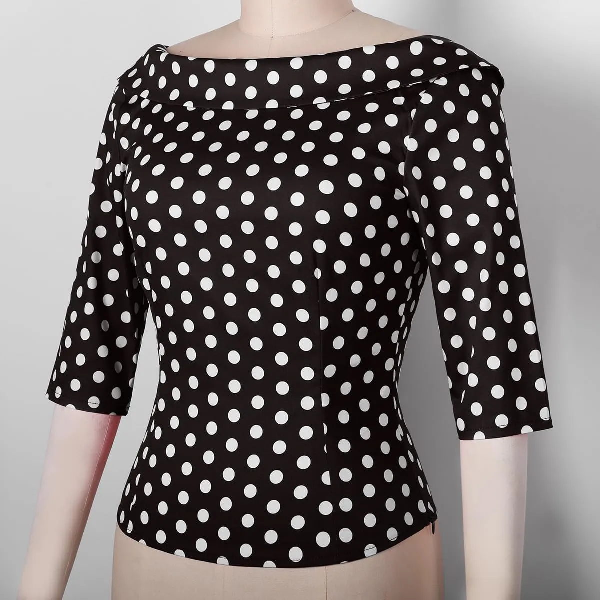 YARN & INK Women's 1950s Vintage Pinup Tops, Back Bow Tie Cute Rockabilly Elegant Shirt, Medium Sleeves Blouse