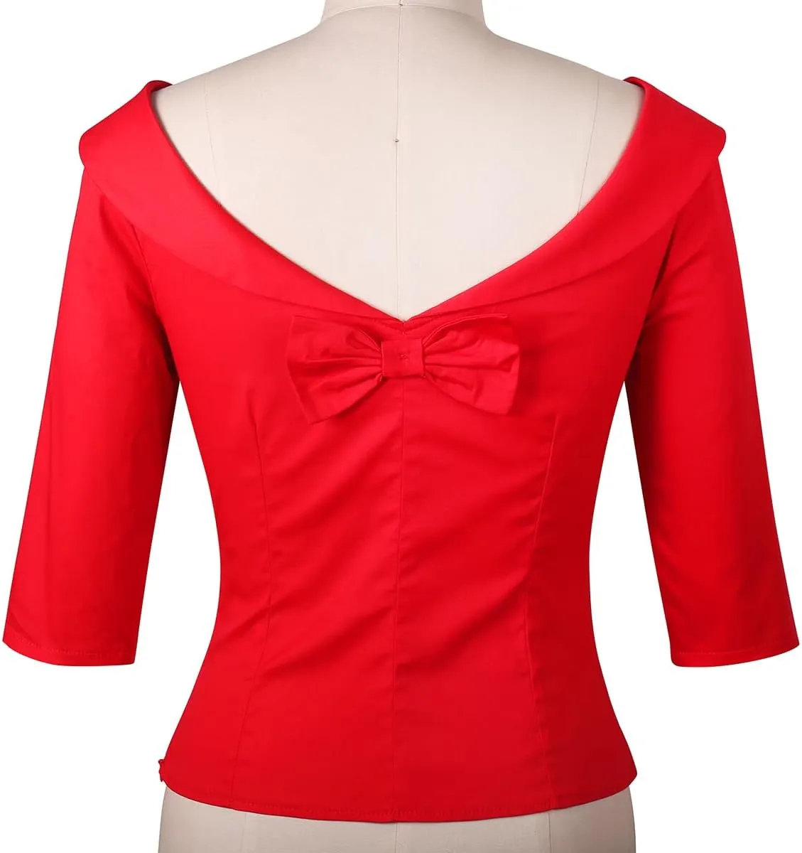 YARN & INK Women's 1950s Vintage Pinup Tops, Back Bow Tie Cute Rockabilly Elegant Shirt, Medium Sleeves Blouse
