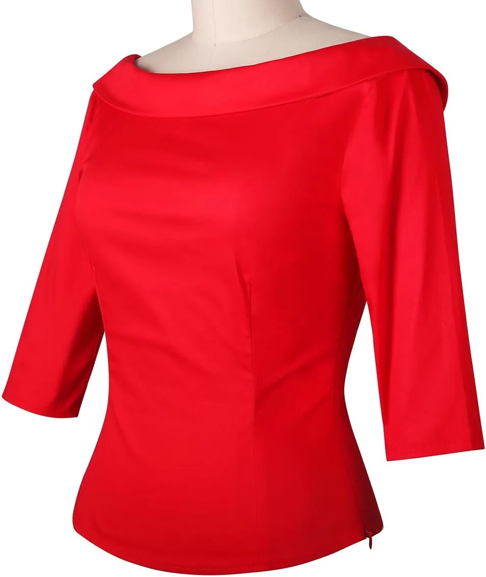 YARN & INK Women's 1950s Vintage Pinup Tops, Back Bow Tie Cute Rockabilly Elegant Shirt, Medium Sleeves Blouse