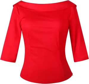 YARN & INK Women's 1950s Vintage Pinup Tops, Back Bow Tie Cute Rockabilly Elegant Shirt, Medium Sleeves Blouse