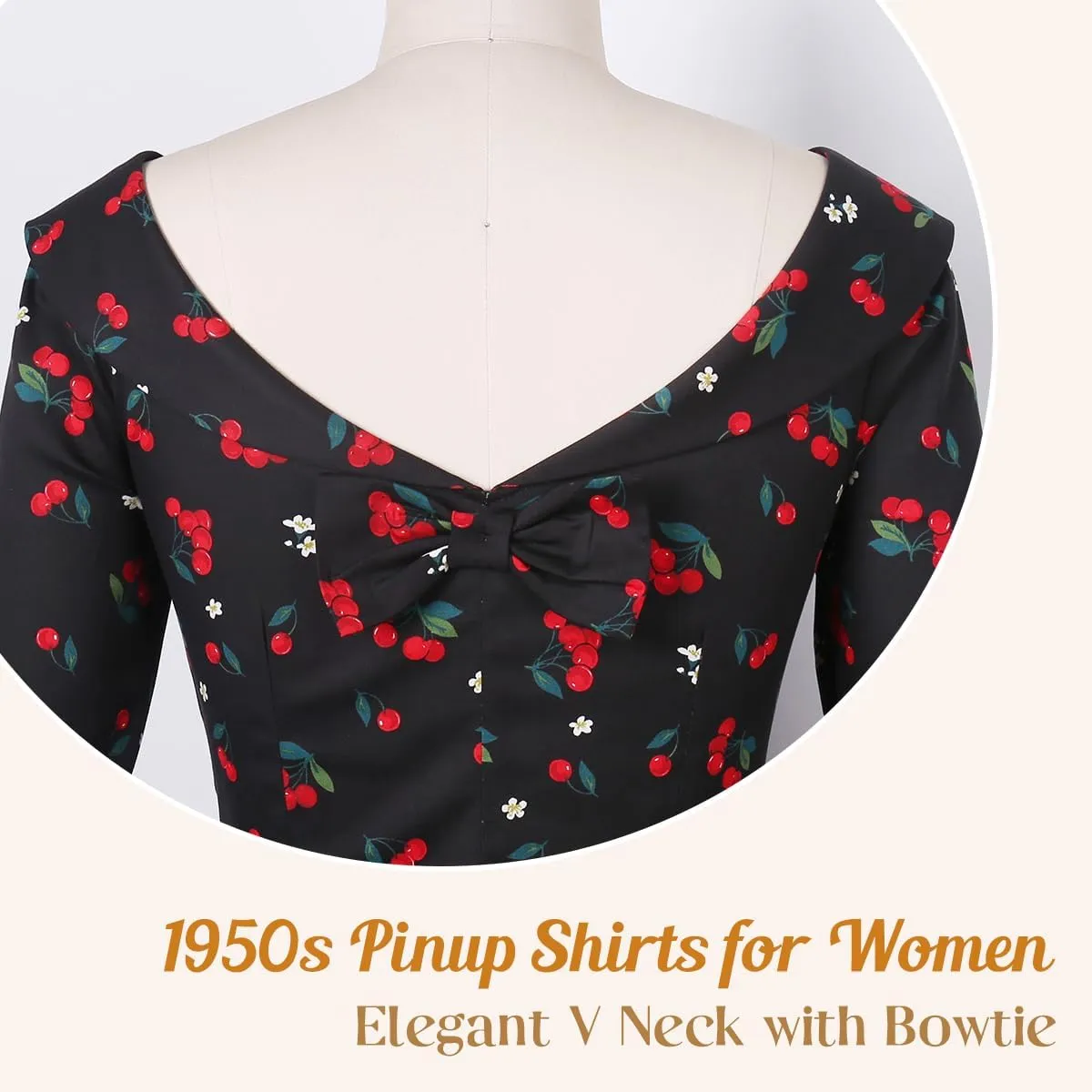 YARN & INK Women's 1950s Vintage Pinup Tops, Back Bow Tie Cute Rockabilly Elegant Shirt, Medium Sleeves Blouse
