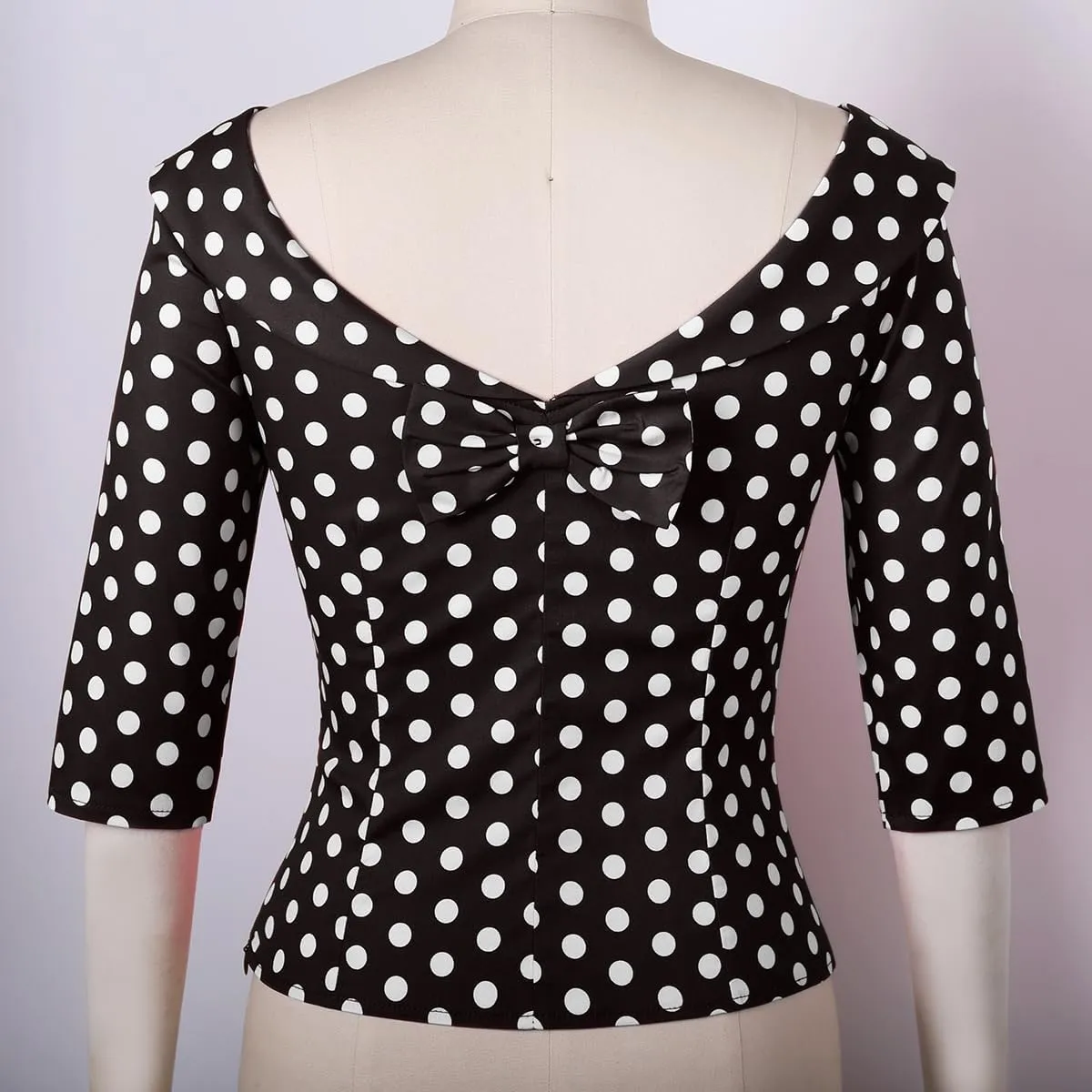 YARN & INK Women's 1950s Vintage Pinup Tops, Back Bow Tie Cute Rockabilly Elegant Shirt, Medium Sleeves Blouse
