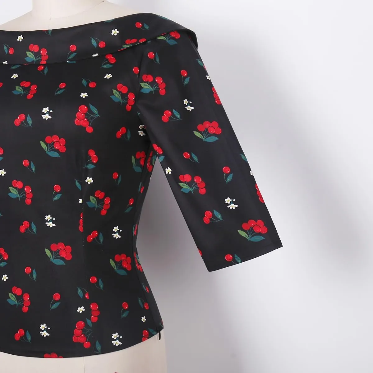YARN & INK Women's 1950s Vintage Pinup Tops, Back Bow Tie Cute Rockabilly Elegant Shirt, Medium Sleeves Blouse
