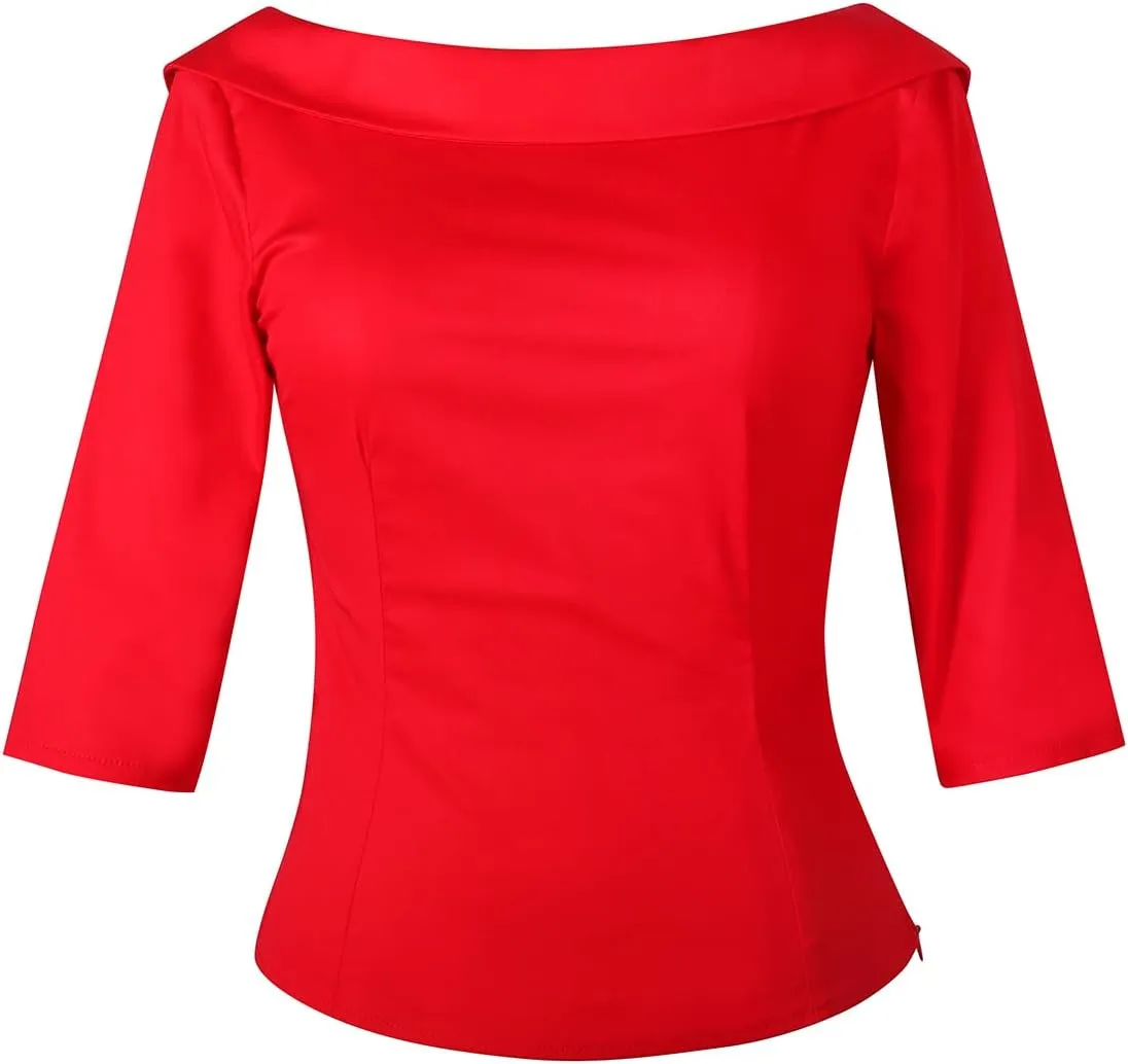 YARN & INK Women's 1950s Vintage Pinup Tops, Back Bow Tie Cute Rockabilly Elegant Shirt, Medium Sleeves Blouse