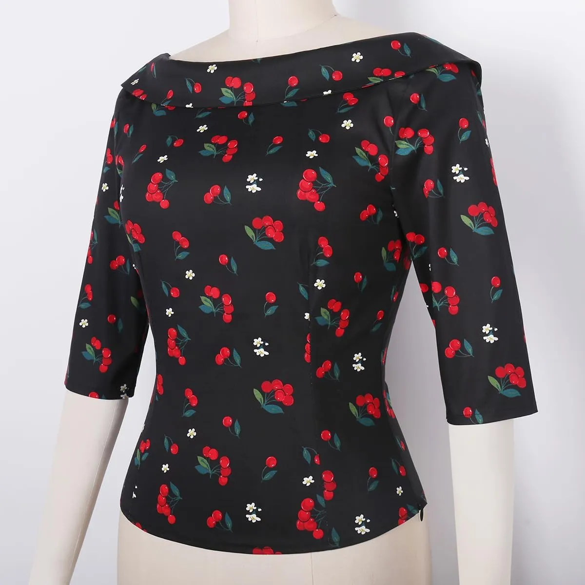 YARN & INK Women's 1950s Vintage Pinup Tops, Back Bow Tie Cute Rockabilly Elegant Shirt, Medium Sleeves Blouse