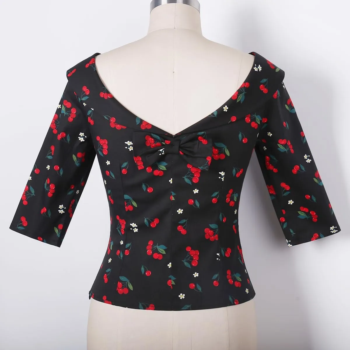 YARN & INK Women's 1950s Vintage Pinup Tops, Back Bow Tie Cute Rockabilly Elegant Shirt, Medium Sleeves Blouse