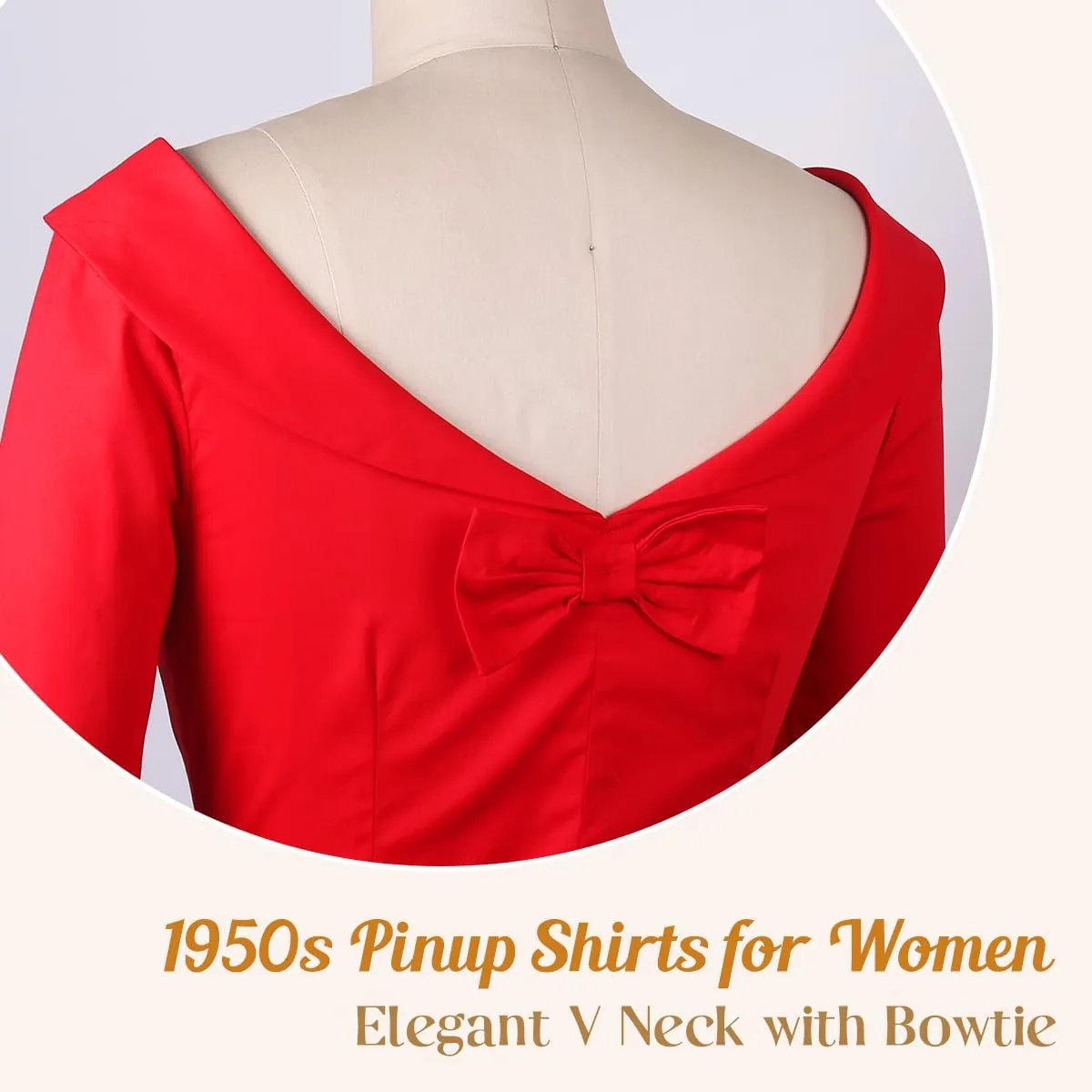 YARN & INK Women's 1950s Vintage Pinup Tops, Back Bow Tie Cute Rockabilly Elegant Shirt, Medium Sleeves Blouse