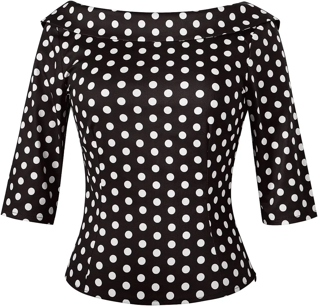 YARN & INK Women's 1950s Vintage Pinup Tops, Back Bow Tie Cute Rockabilly Elegant Shirt, Medium Sleeves Blouse