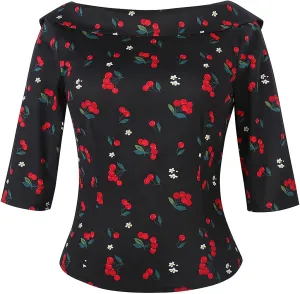 YARN & INK Women's 1950s Vintage Pinup Tops, Back Bow Tie Cute Rockabilly Elegant Shirt, Medium Sleeves Blouse